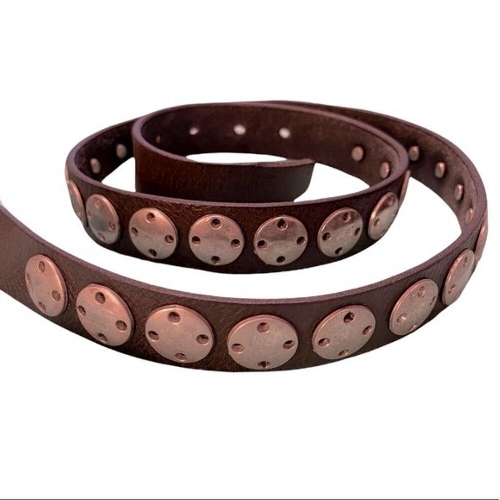 Calvin Klein Mens Brown Leather Round Siver Button Studded Belt.  Size Large